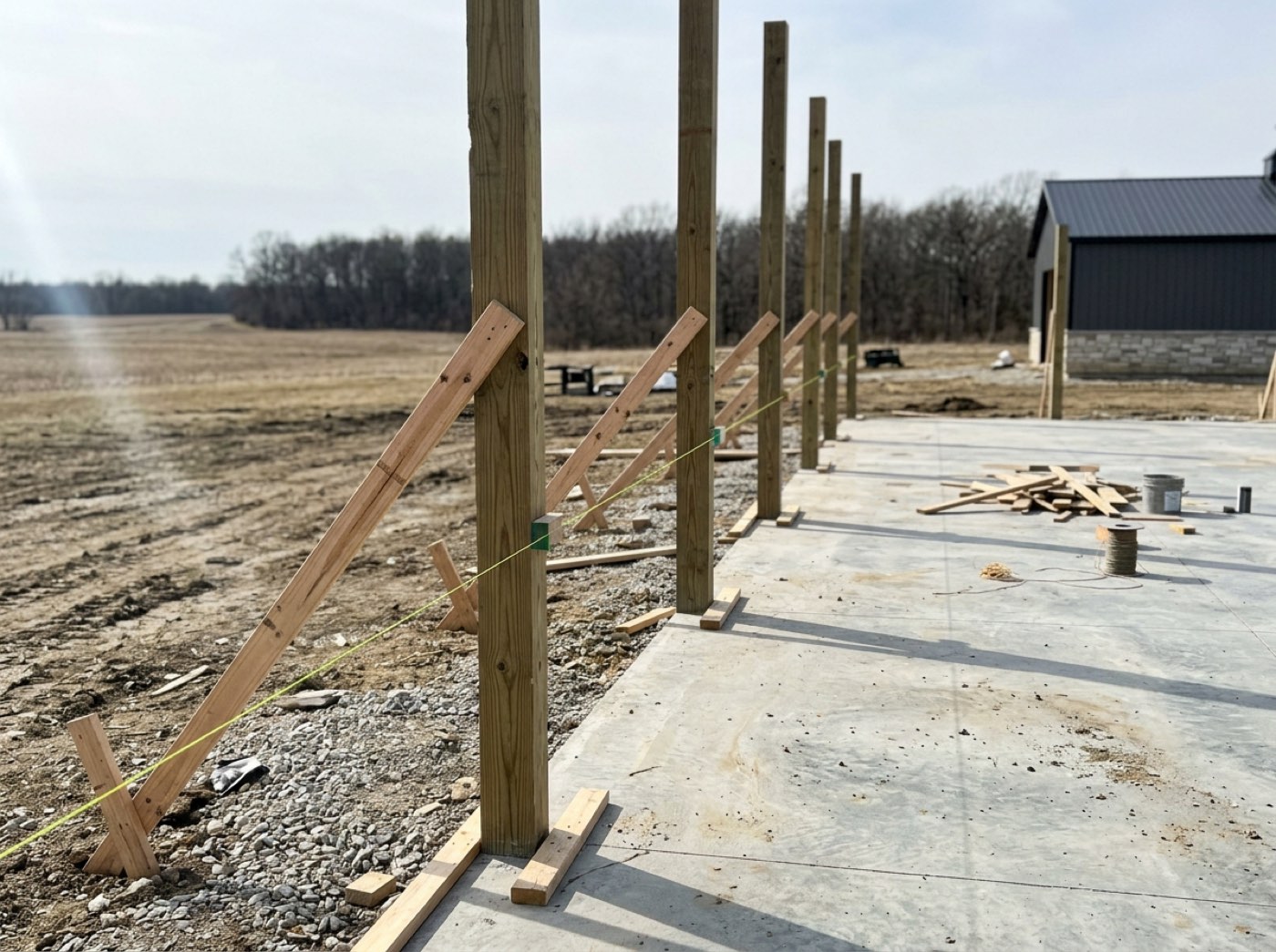 Laminated columns standing in a post-frame shell