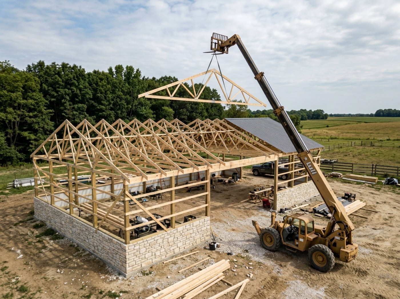 Trusses being set on a post-frame building