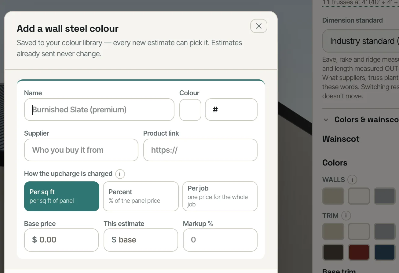 Add a wall steel colour: name, colour, supplier, product link, how the upcharge is charged, base price, this-estimate price and markup