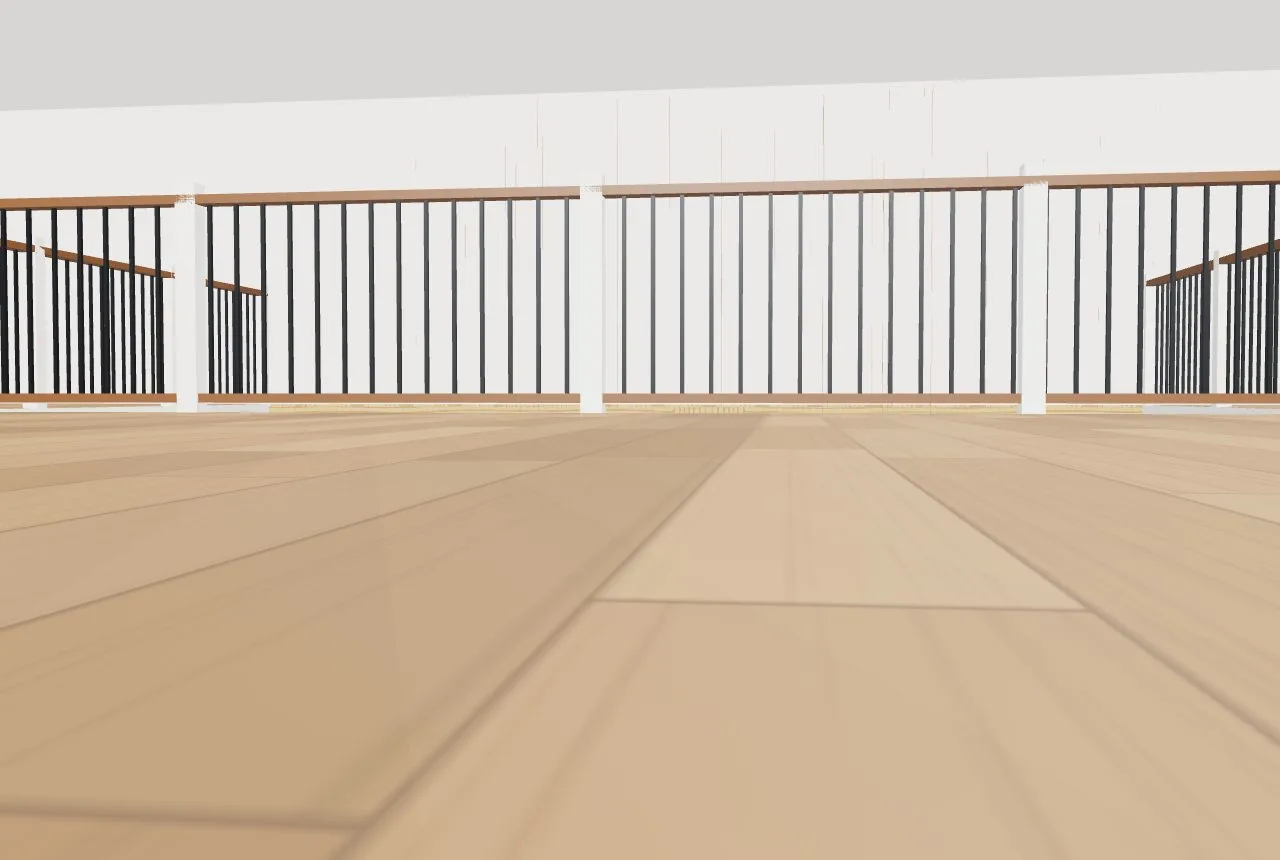 Standing on the balcony walkway: the 36-inch guard with balusters, looking over the room below