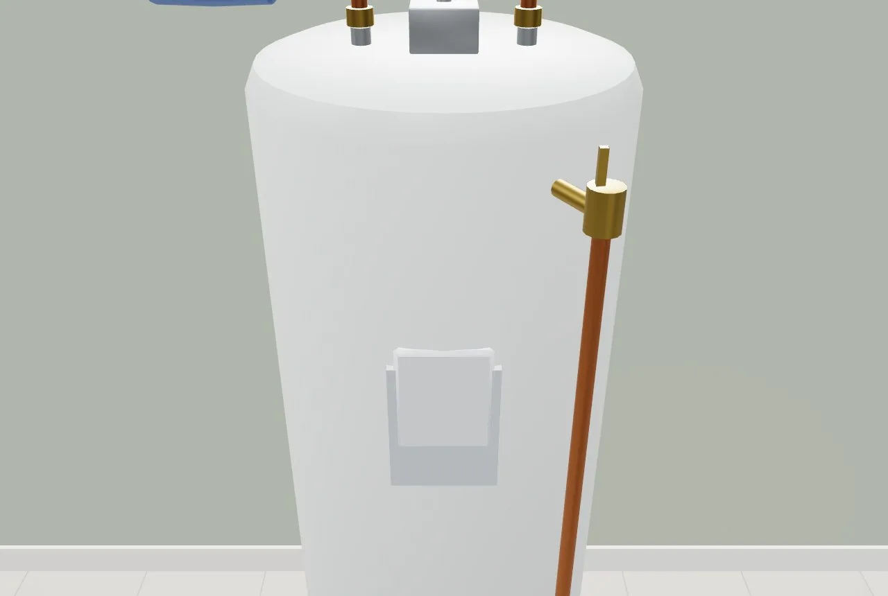 A 50-gallon water heater with its T&P valve and the discharge line run down to the floor