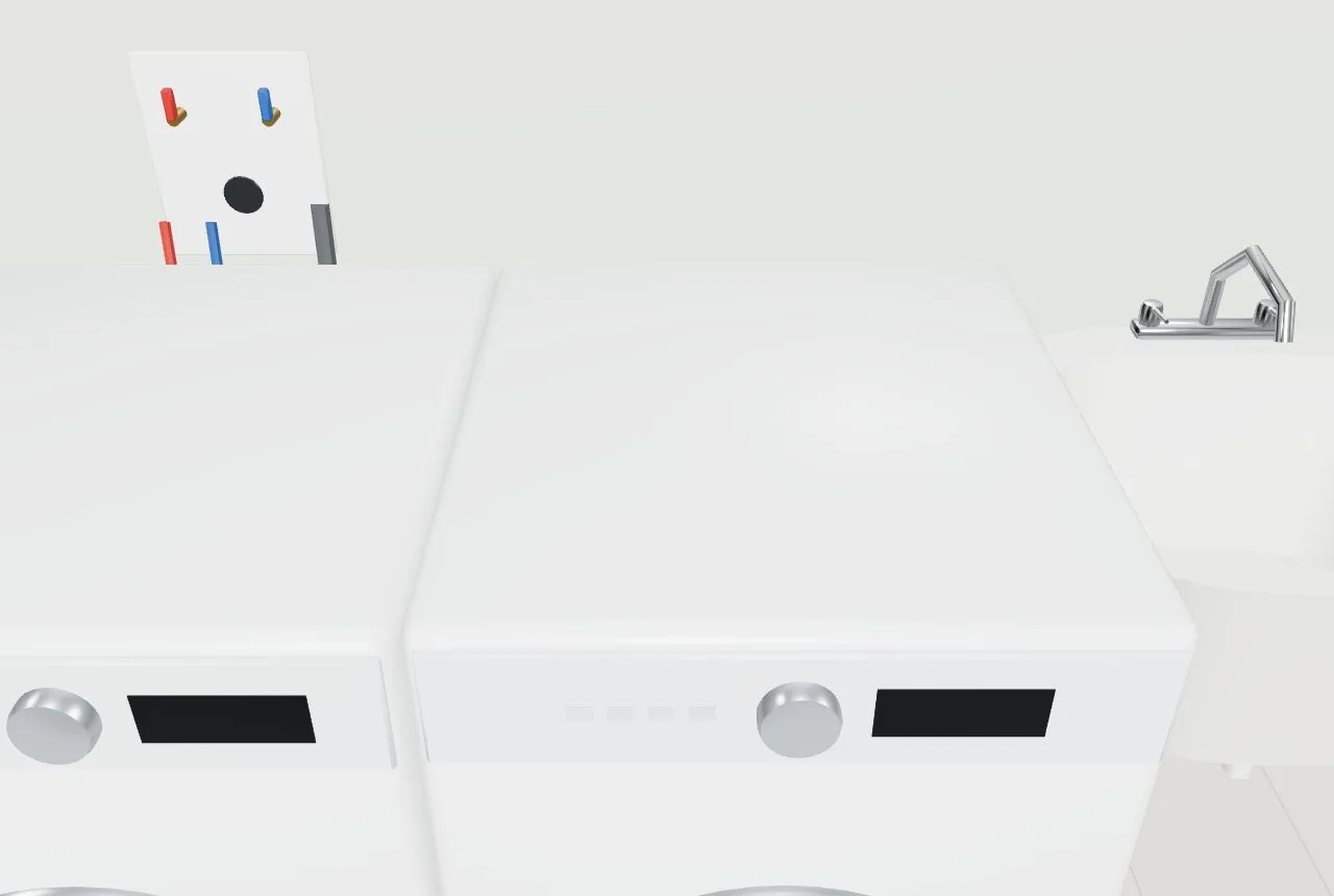 A front-load washer and dryer with doors, dials and displays, the washer outlet box on the wall above