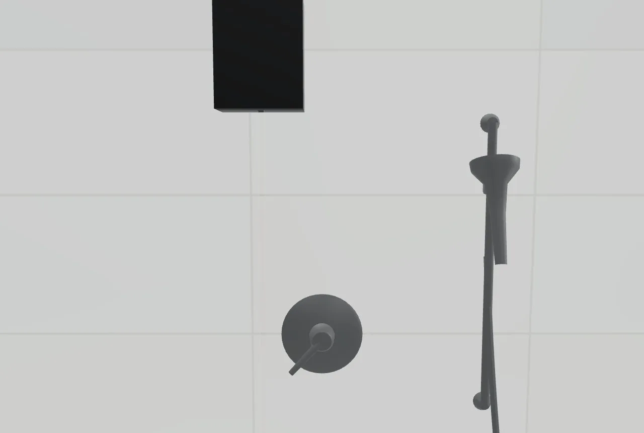 Shower trim in matte black: the valve at 48 inches, a rain head and a hand shower on a slide bar, on tile