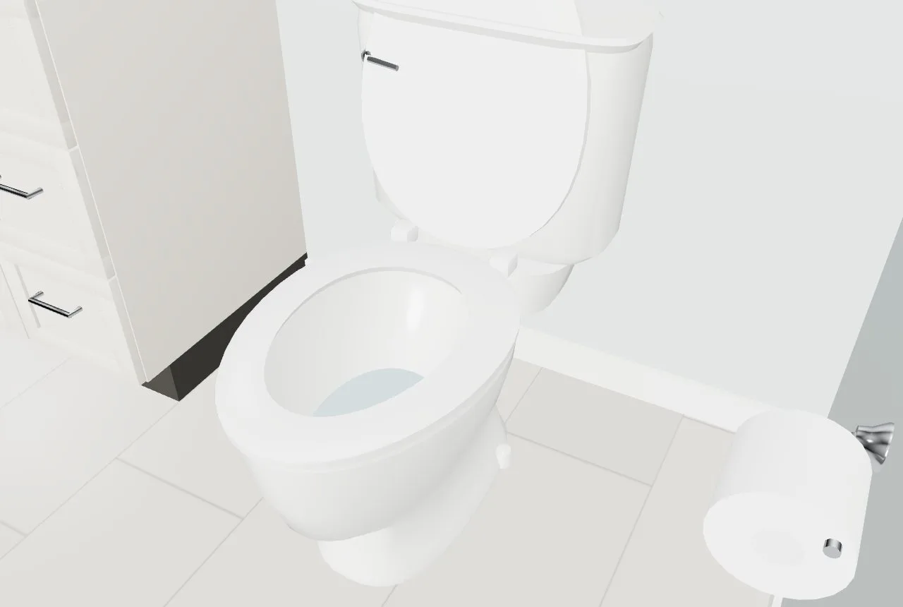 An elongated two-piece toilet with its seat, lid, trip lever and the paper holder on the side wall