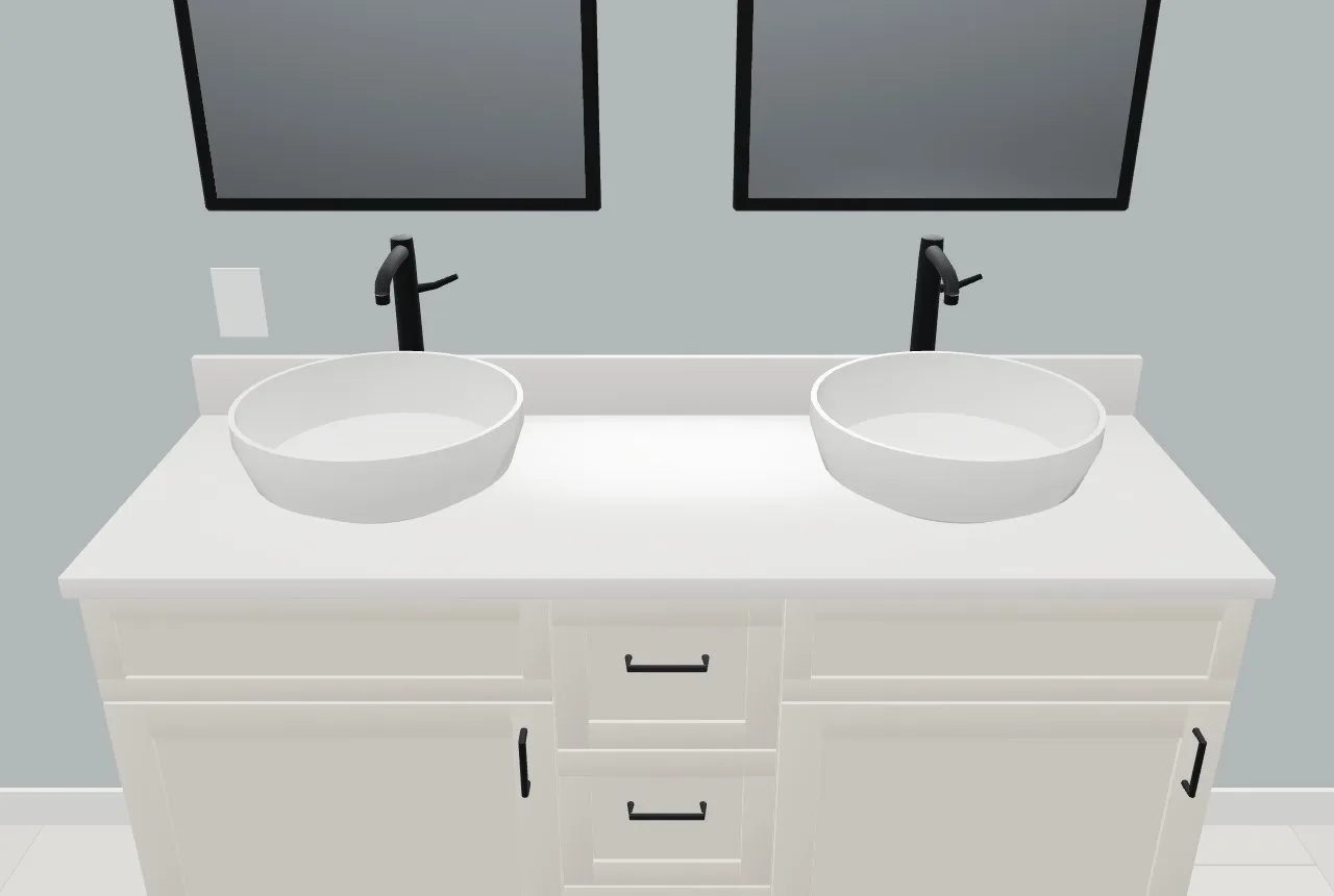 A double vanity with vessel sinks, matte black faucets and framed mirrors over each basin