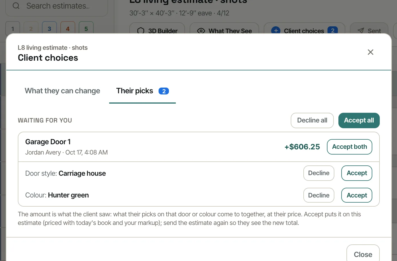 Their picks: the client's choices waiting with Accept and Decline, and the amount they were shown