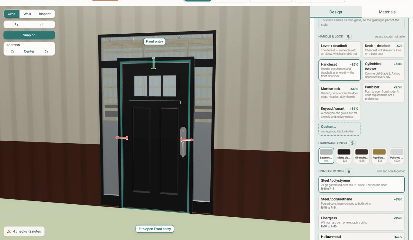 The walk-door configurator's handle and lock choices, each with its price, and a Custom option
