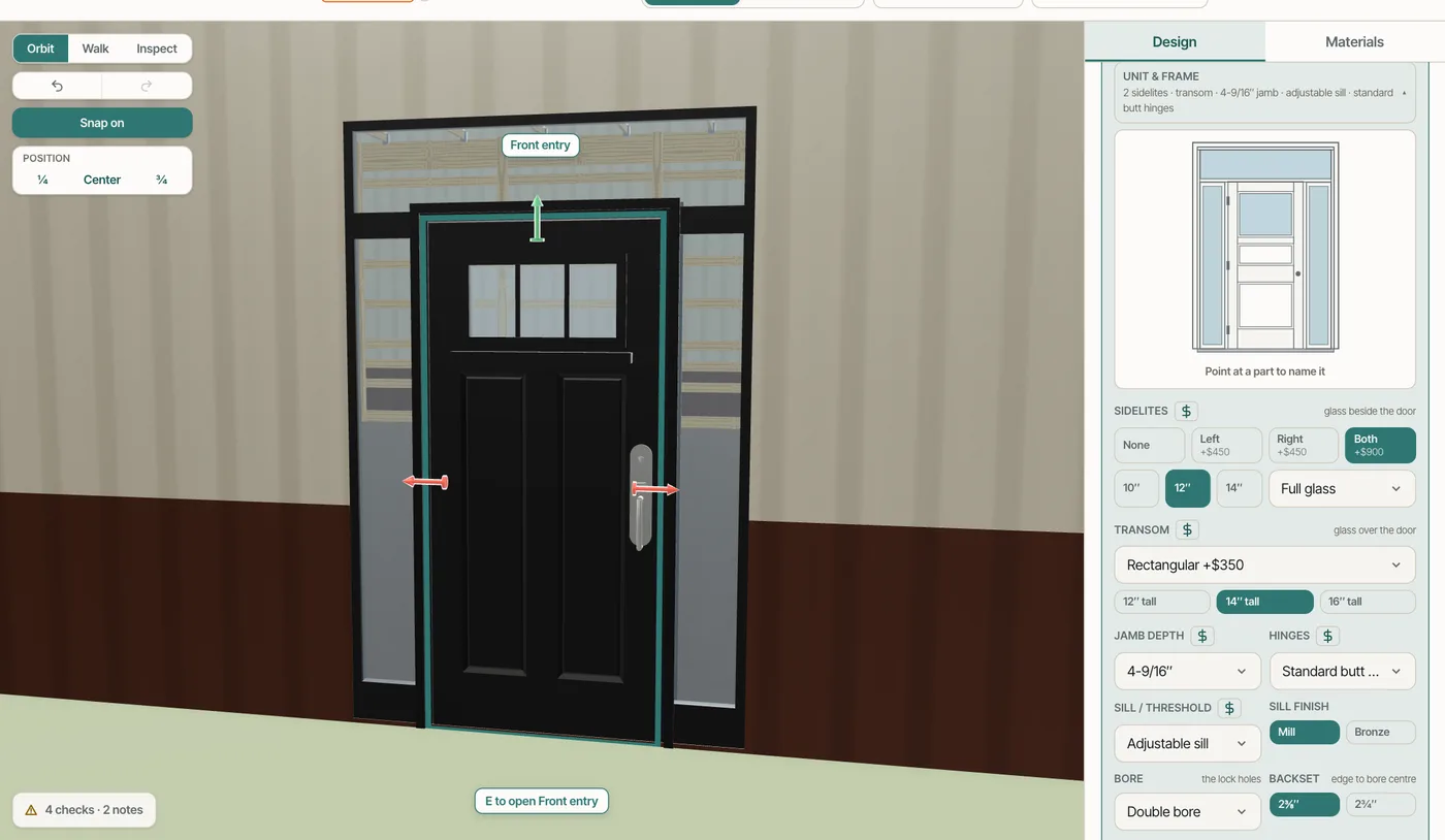 A walk door with sidelites and a transom drawn in 3D, and the Unit & frame options with a labelled drawing of the door's parts