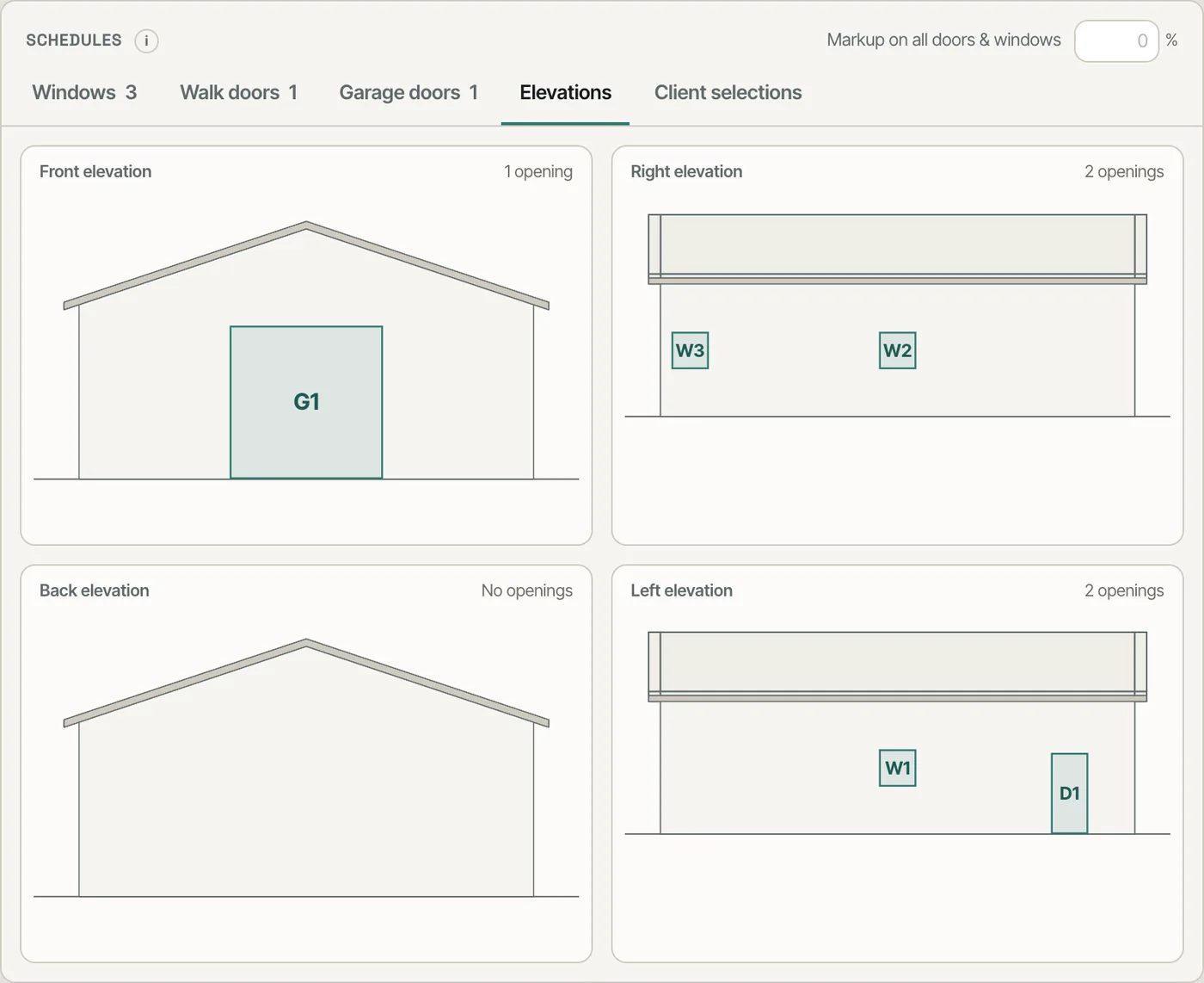 Four elevations on the estimate with door and window marks G1, W1, W2, D1