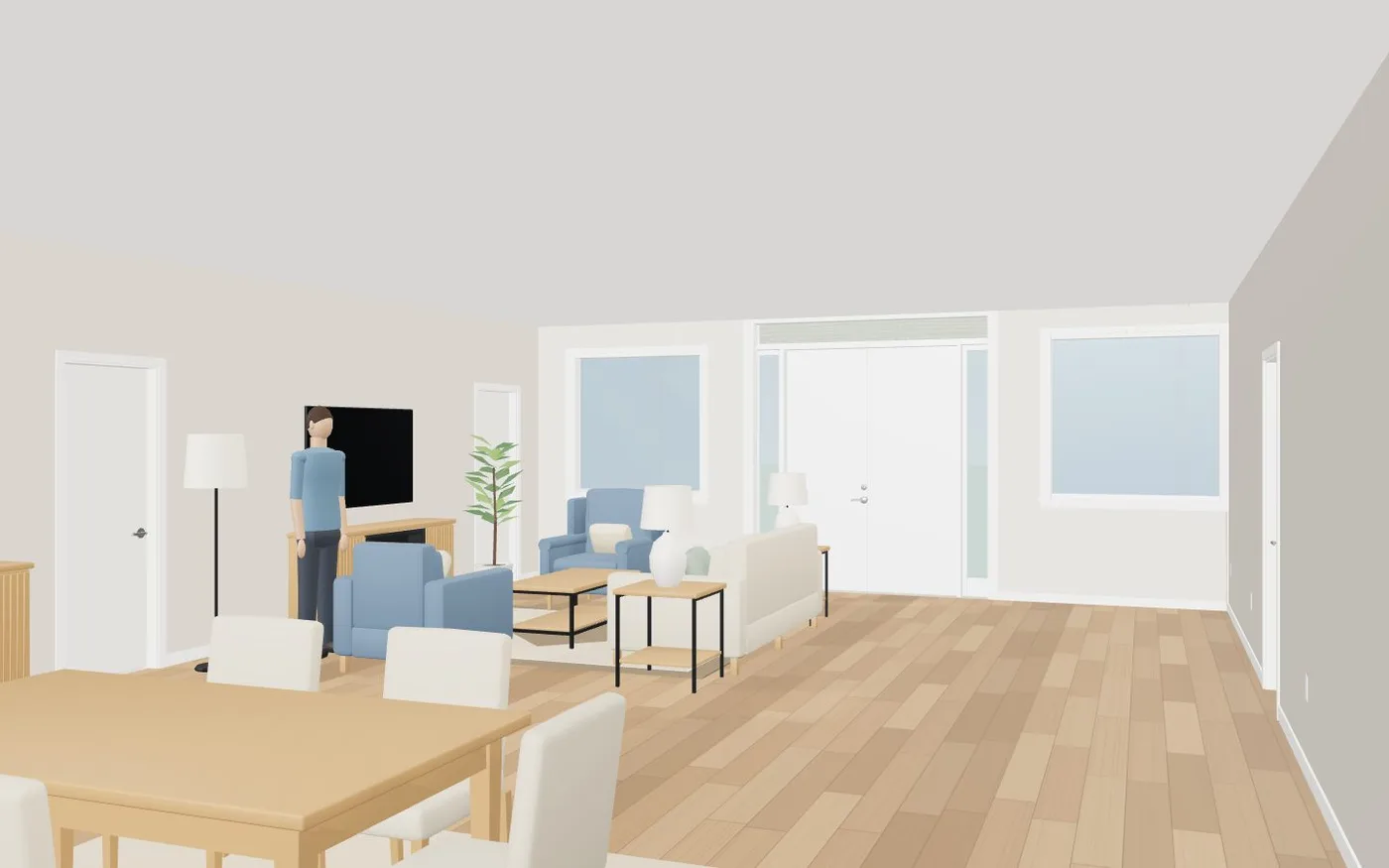 The great room at eye height: smooth painted drywall with no studs showing through, the windows trimmed, the living room furnished