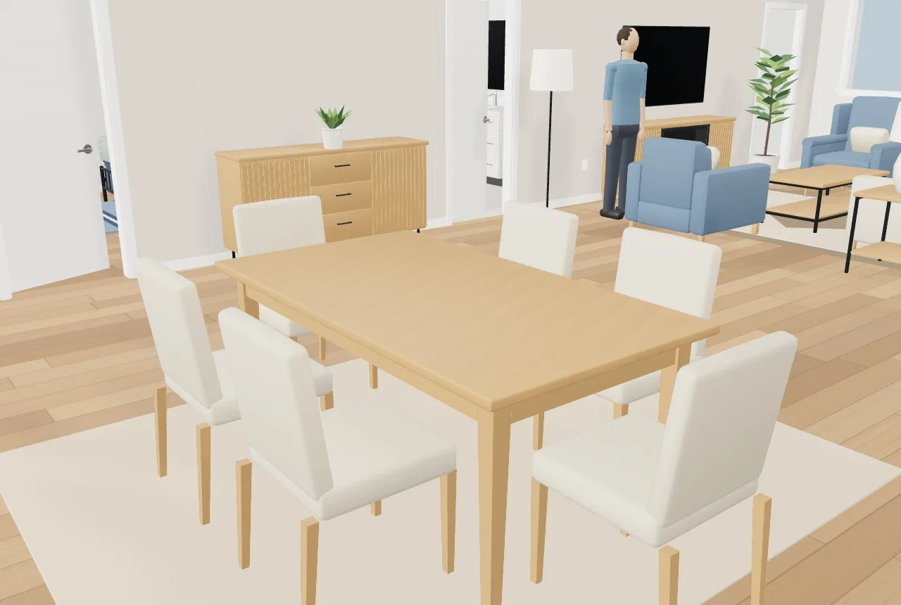 A dining table with six chairs on a rug, a buffet behind it and the living room beyond