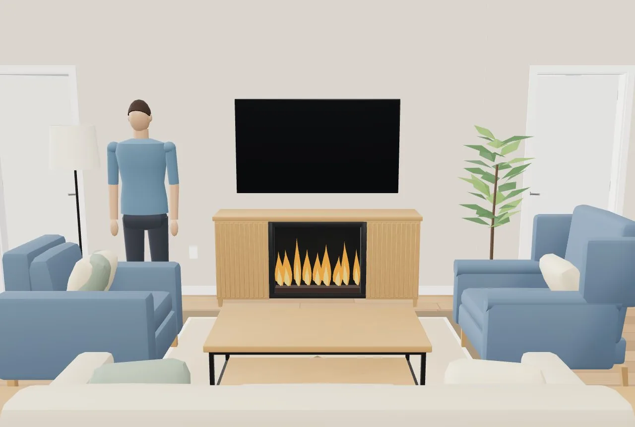 The living room: a TV over an electric fireplace console, armchairs, a coffee table on a rug, a floor lamp and a 5-foot-10 figure for scale
