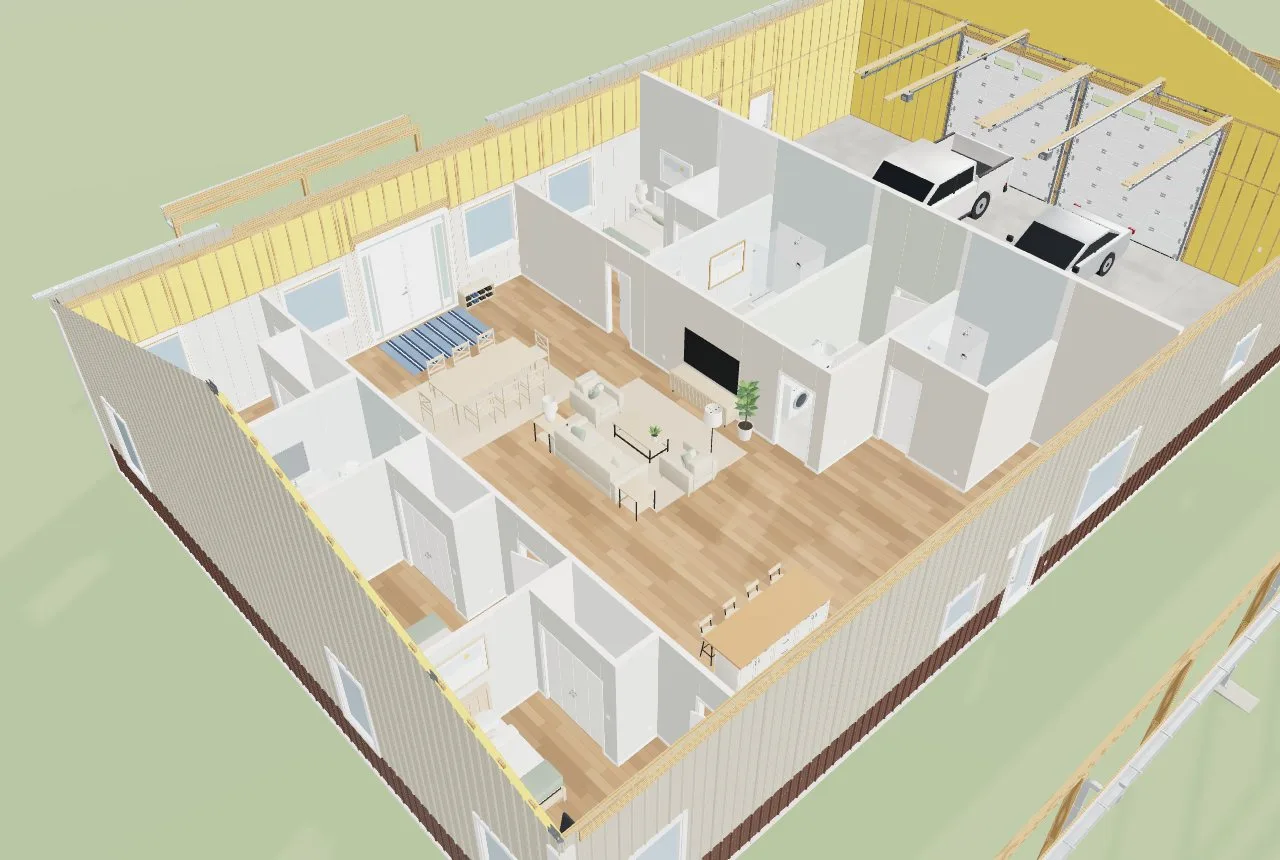 A 50 by 80 shouse with the roof off: every room furnished, a truck and a car in the shop
