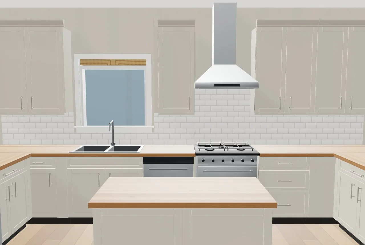 A chimney hood over a slide-in gas range, the tile running up to the hood