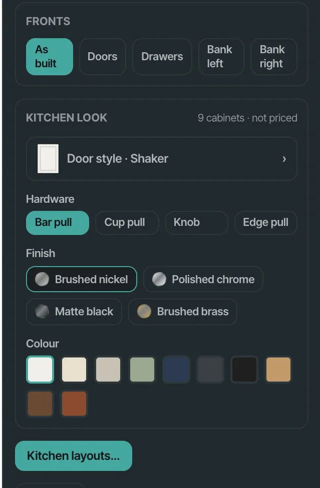 Kitchen look on a selected cabinet: door style, bar, cup, knob or edge pulls, the hardware finish and the cabinet colour — 9 cabinets, not priced