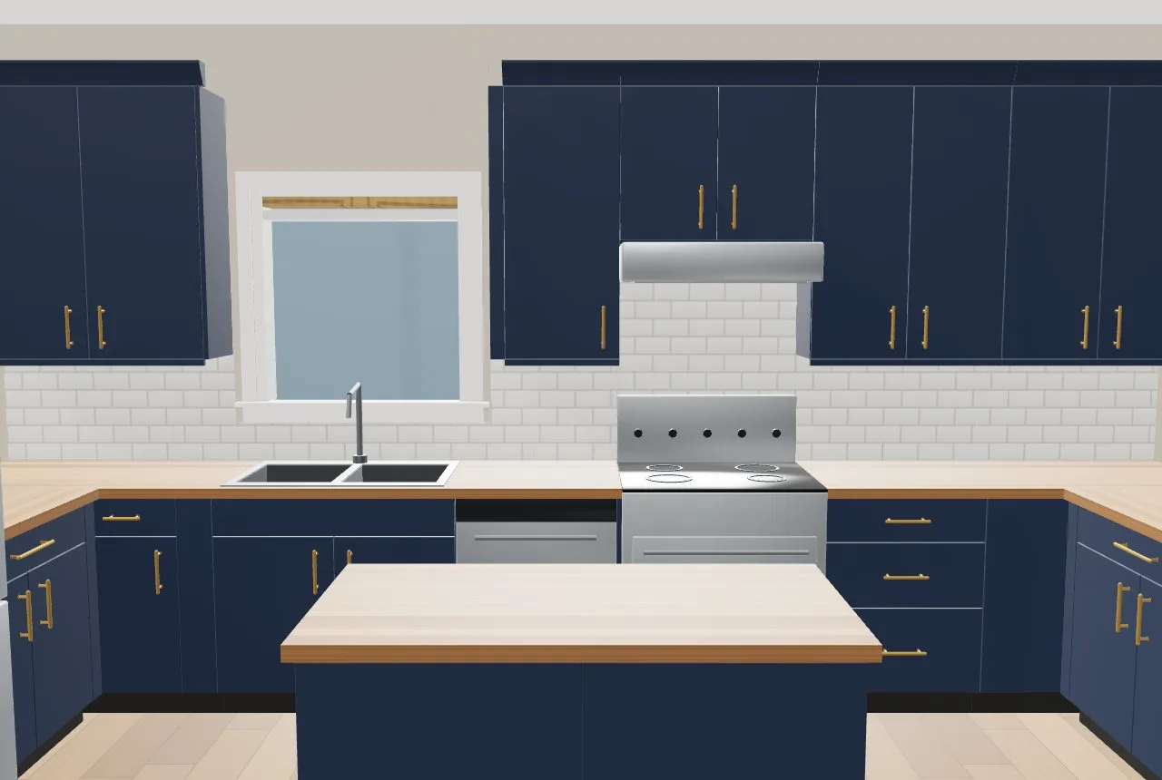 The same kitchen in slab doors, navy, with brushed brass bar pulls