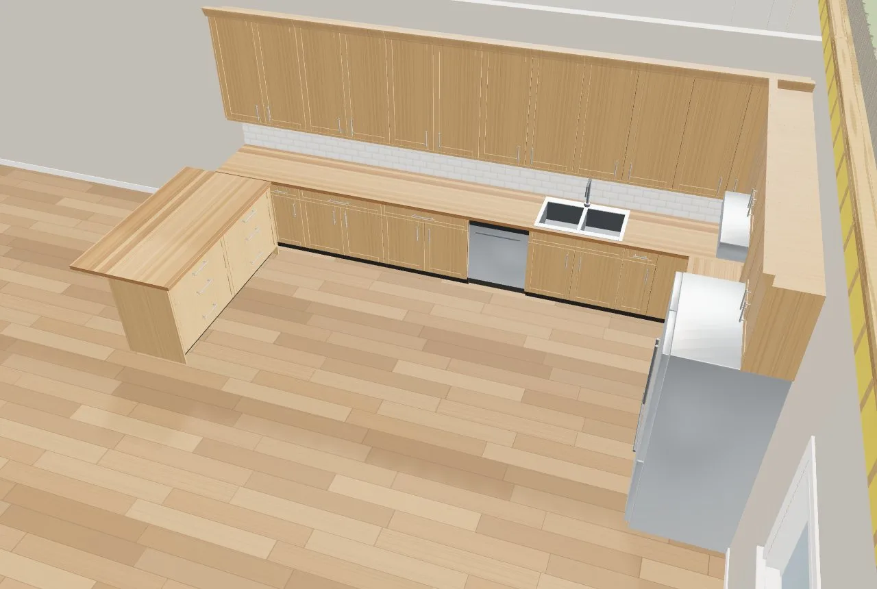 A peninsula kitchen in white oak with seating on the peninsula
