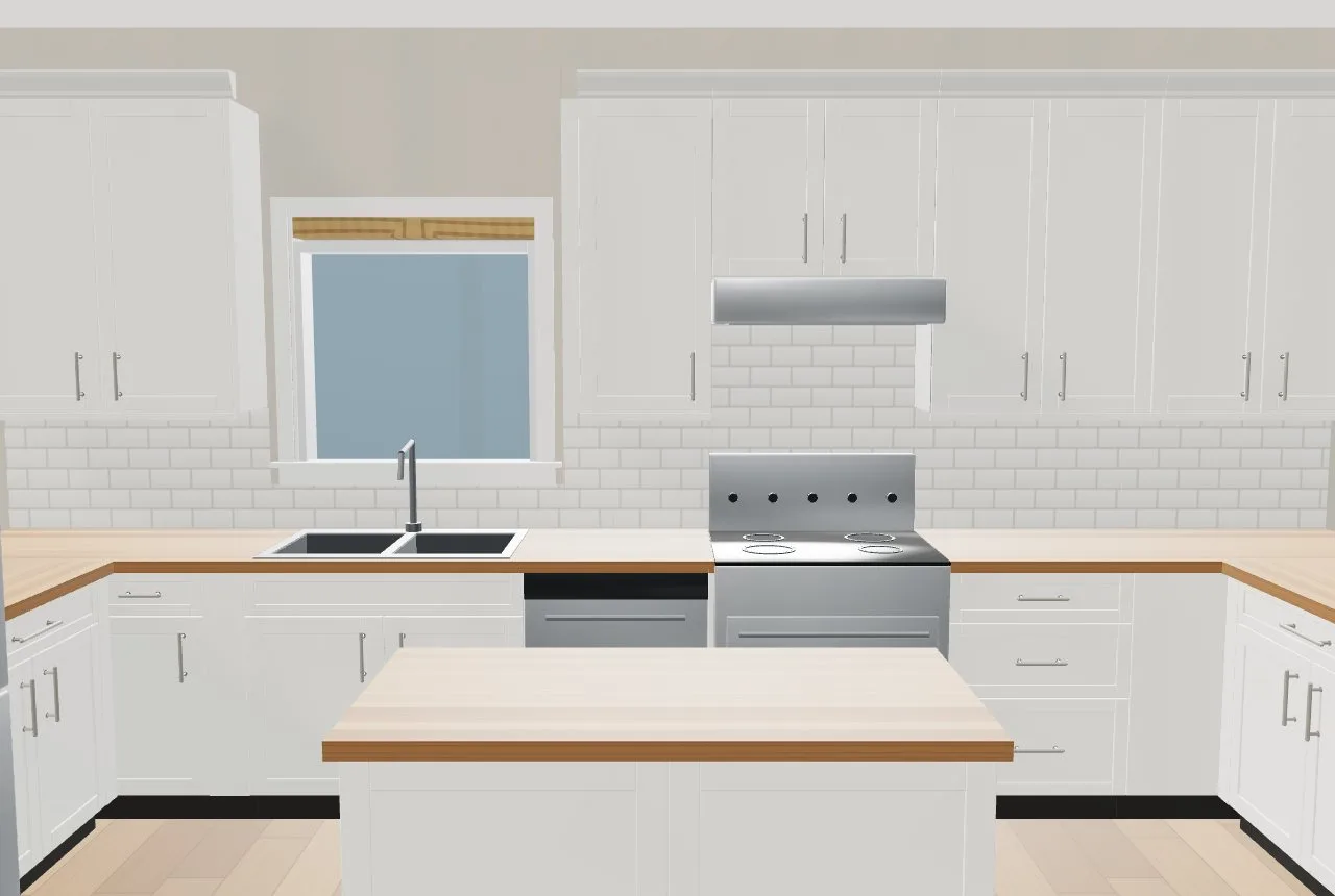 A U kitchen with an island at eye height: the sink centred under the window, uppers clear of the window trim, tile under the sill and up to the hood