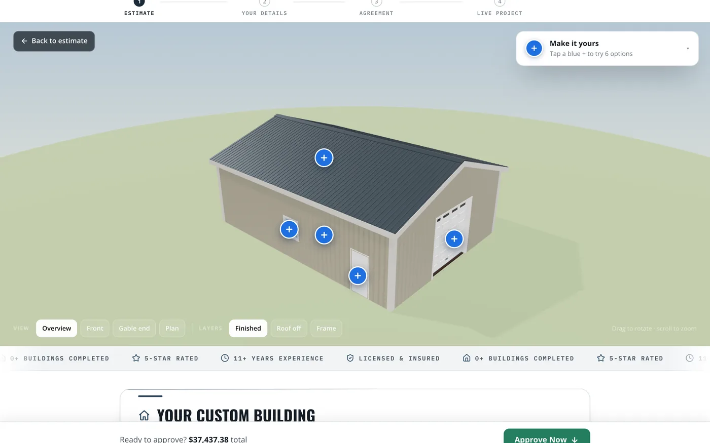 The client's estimate page: their 3D building with a blue + on every door, window and colour the builder opened