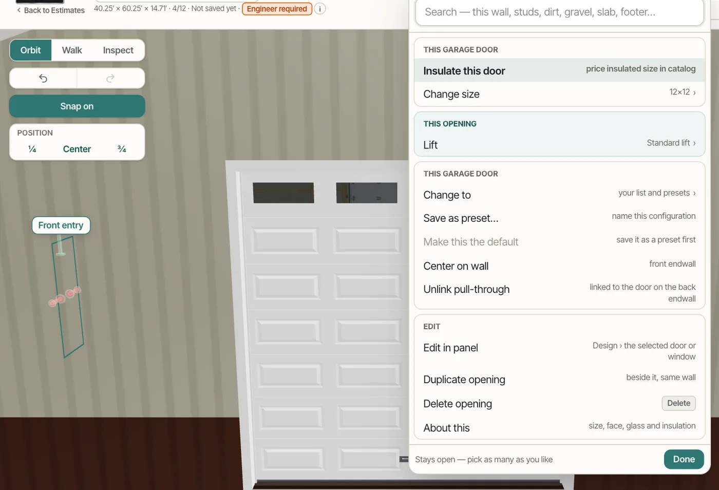 Right-click a garage door: change to a size from your list, save as preset, centre on wall, unlink pull-through
