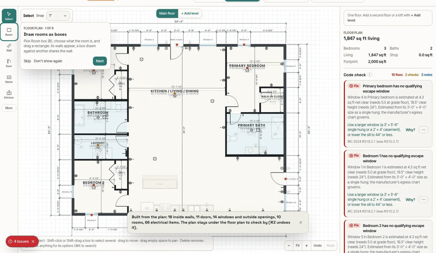 The floor plan built from the import, with the original faded underneath and the code check running