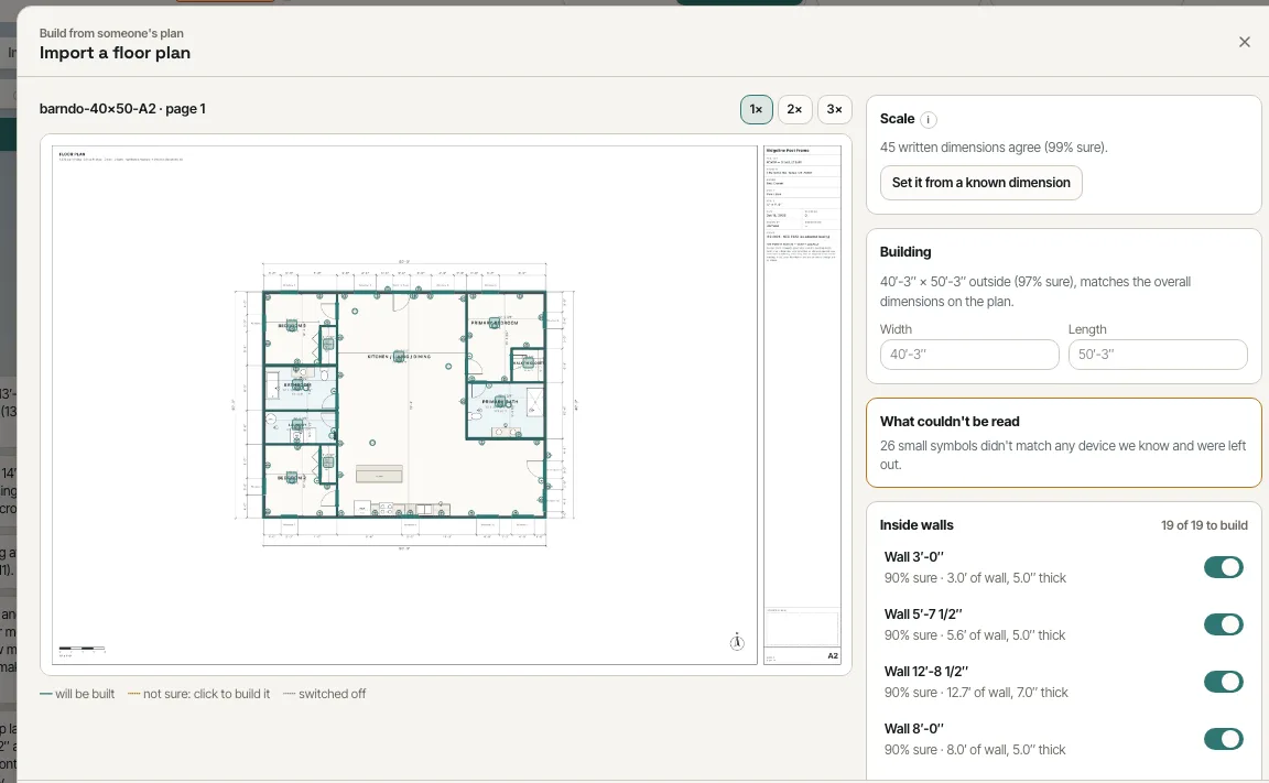 Import a floor plan: the plan with what was read drawn over it, the scale, the building size and each wall with how sure it is