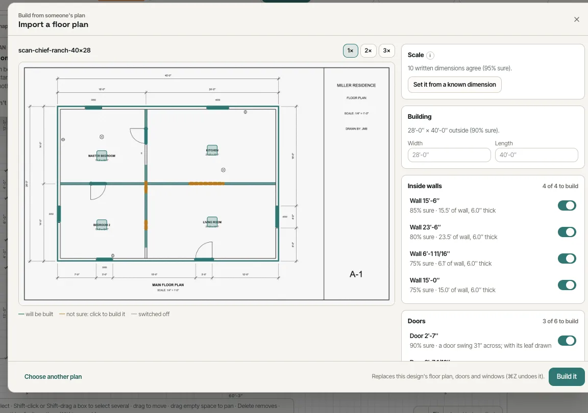 A scanned plan: room names, window tags and dimensions read off the page