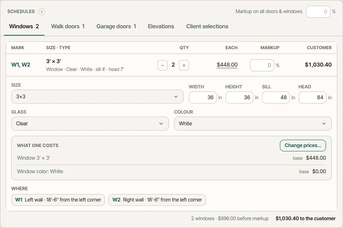 The estimate's Schedules card: two identical windows on one line, opened to edit size, sill, head, glass and colour, with markup and the customer price