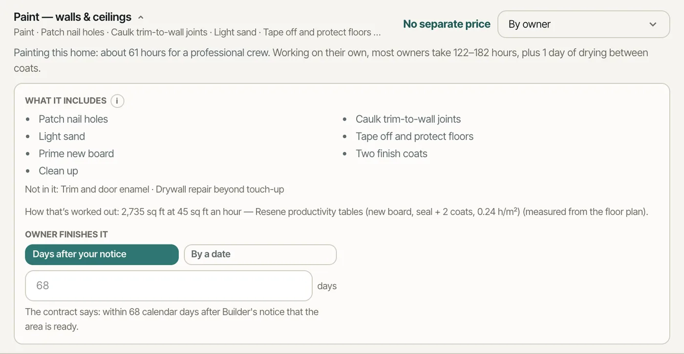 Paint by owner: what the bundle includes, the hours a pro takes against an owner's range, and the owner's deadline