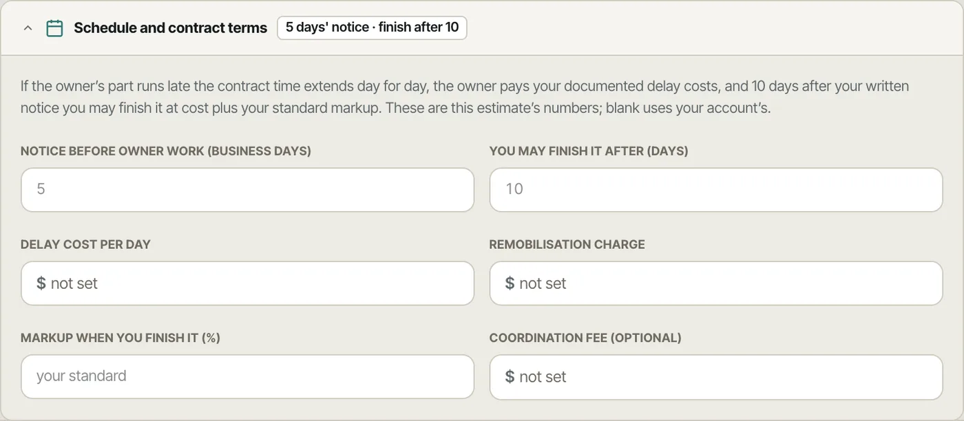 Schedule and contract terms for owner work: notice, finish-after days, delay cost, remobilisation and the markup when the builder finishes it