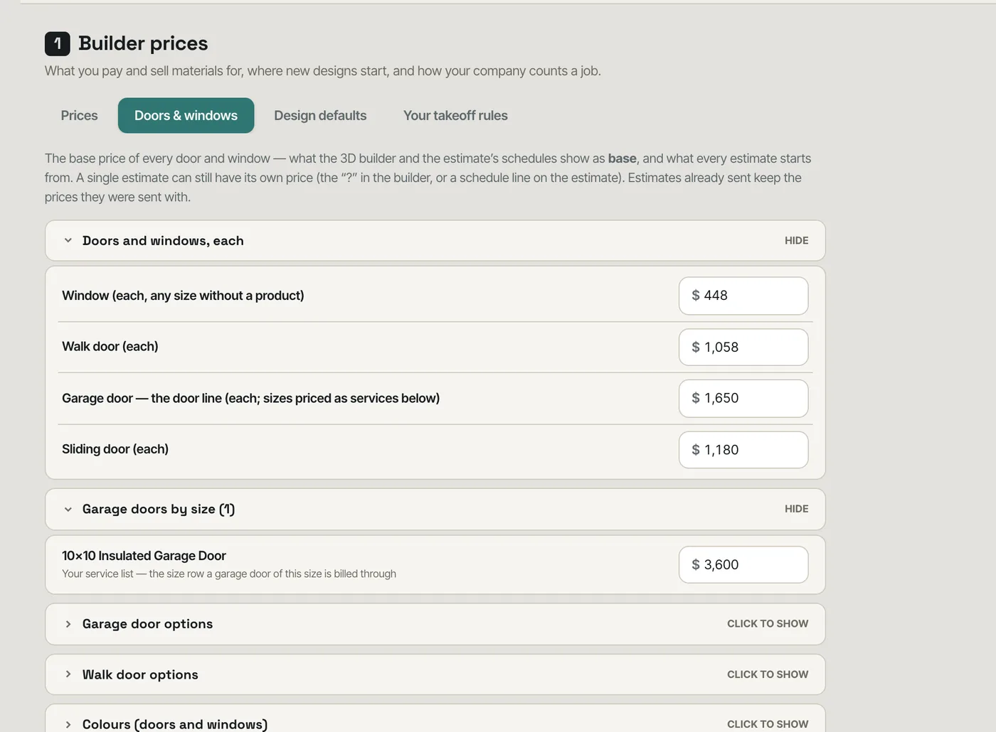 Settings, Builder prices, Doors & windows: the base price of every window, walk door, garage door and sliding door