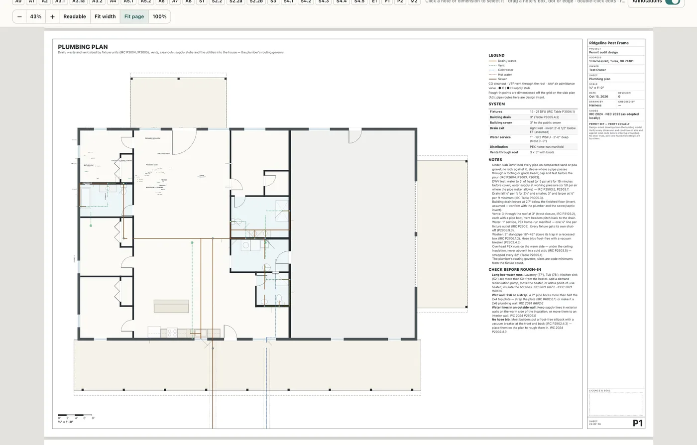 Sheet P1, Plumbing plan: drains sized and tagged, cleanouts, vents, the drain exit with its depth and the water service