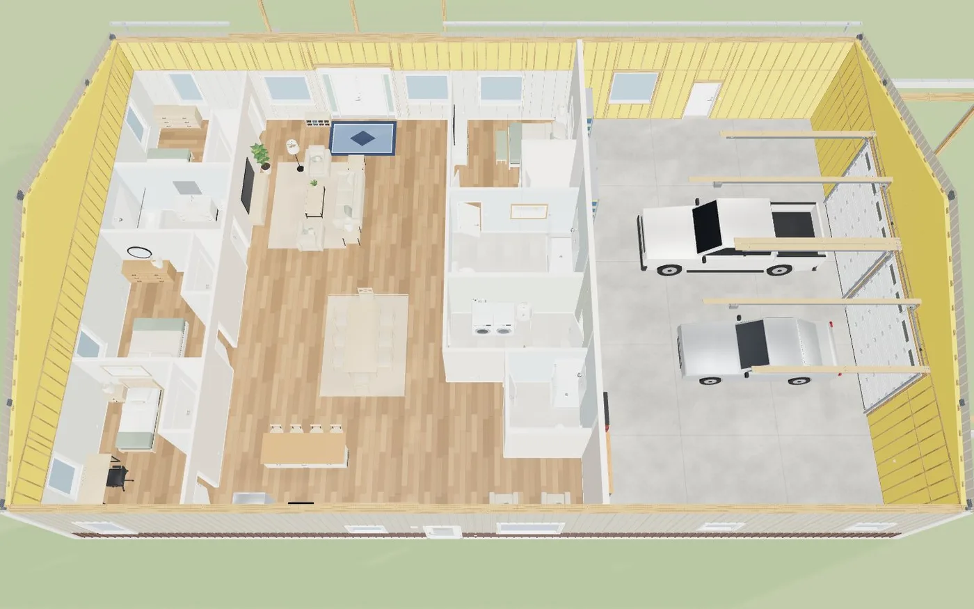 A 50 by 80 shouse staged with one click, roof off: every room furnished, a truck and a car in the shop