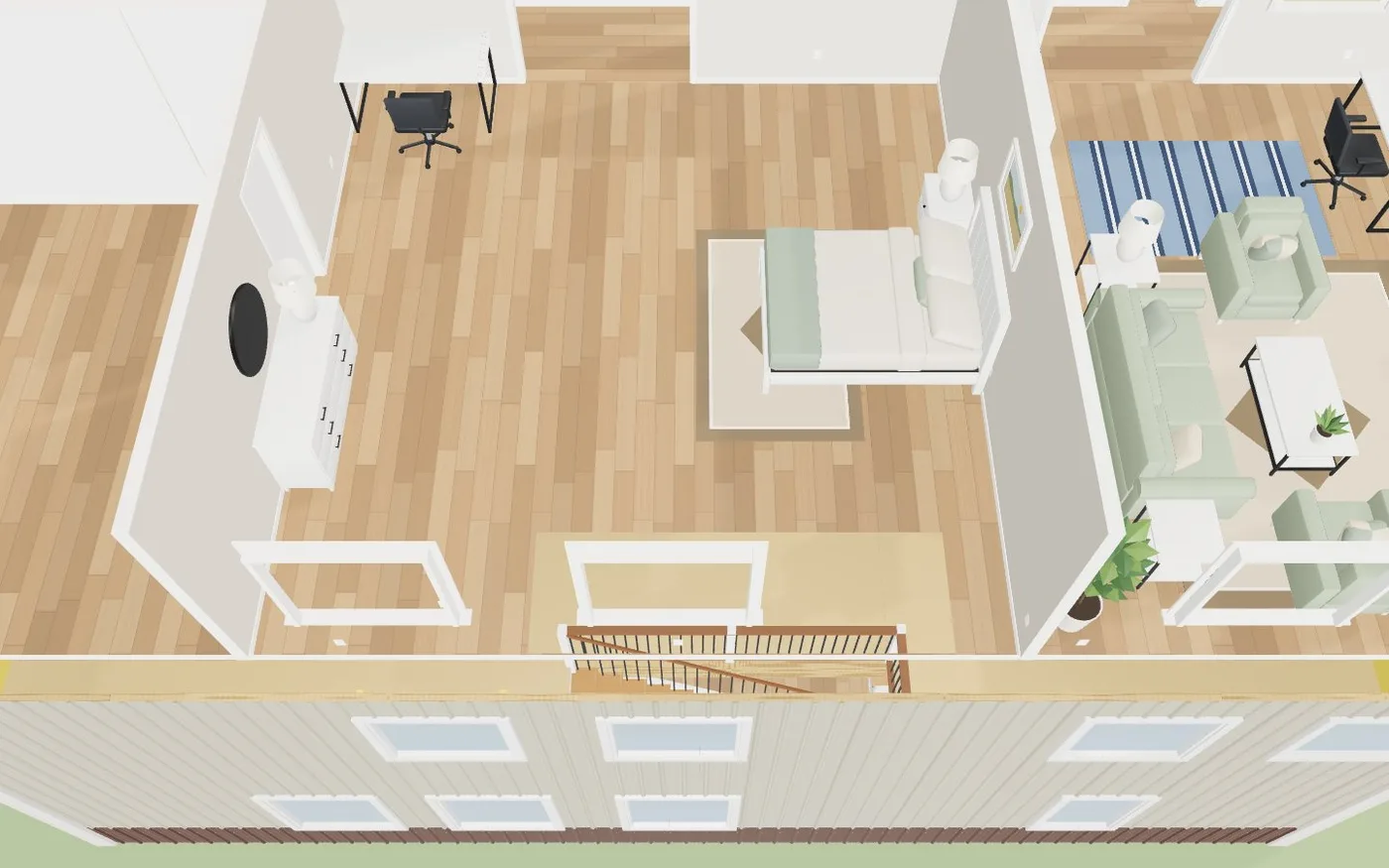A two-storey starter staged upstairs, the stairwell kept clear