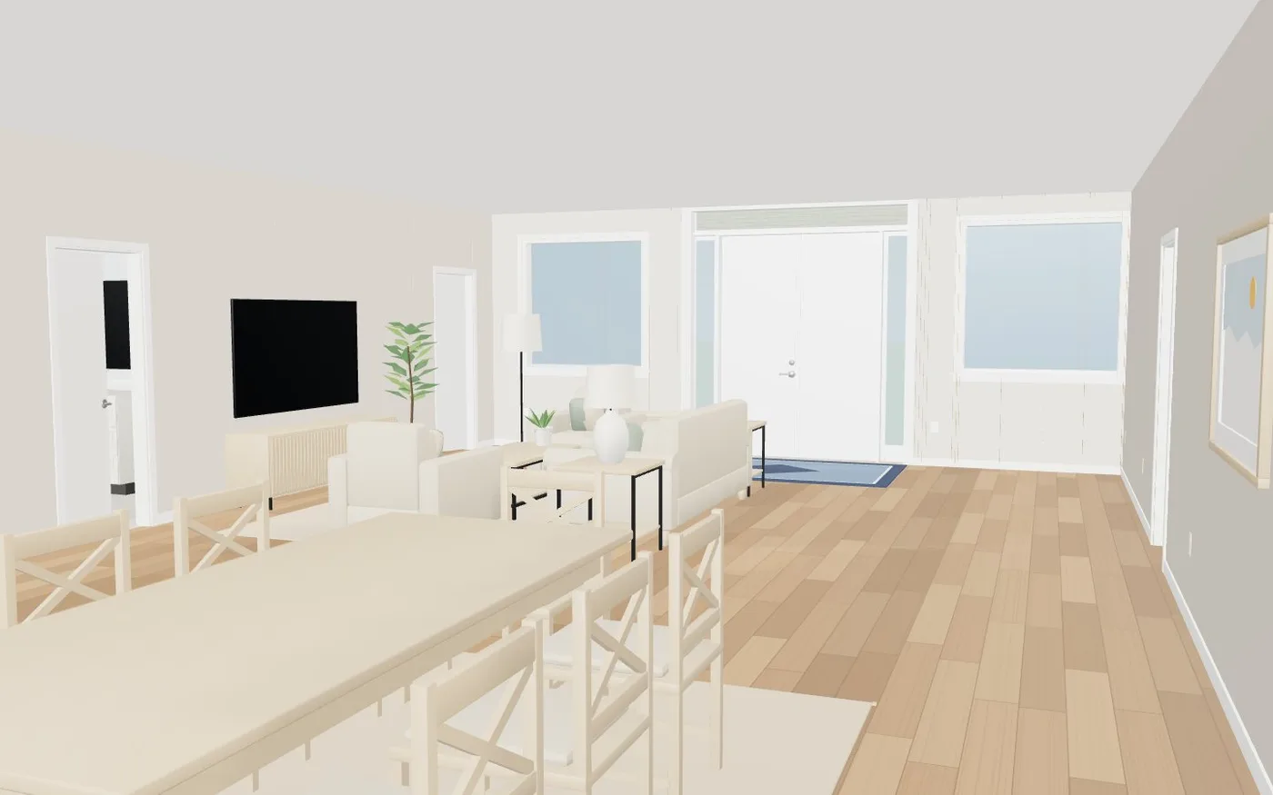 Eye height in a staged great room: the dining table for eight, the sofa and chairs facing the TV wall, lamps, plants and rugs