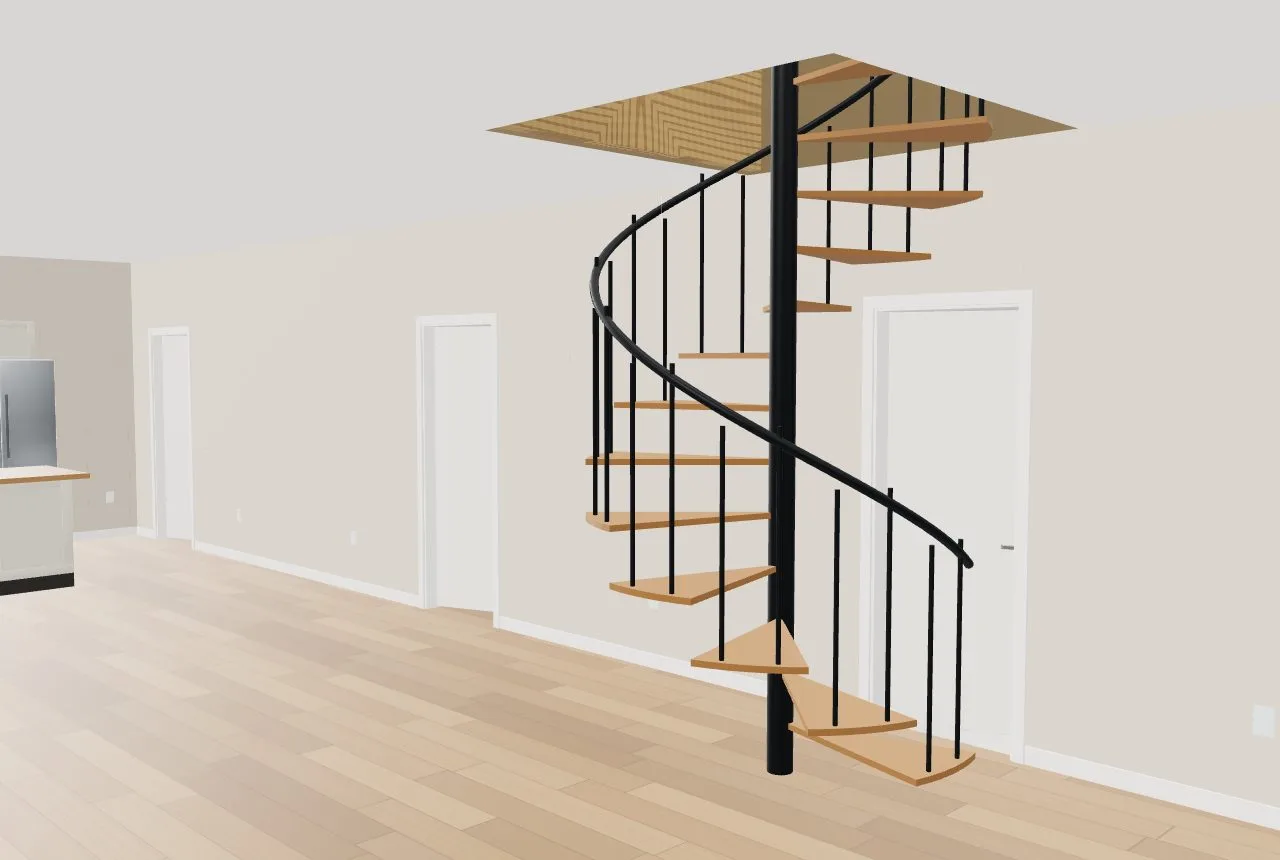 A spiral stair with a helical rail up through the floor opening