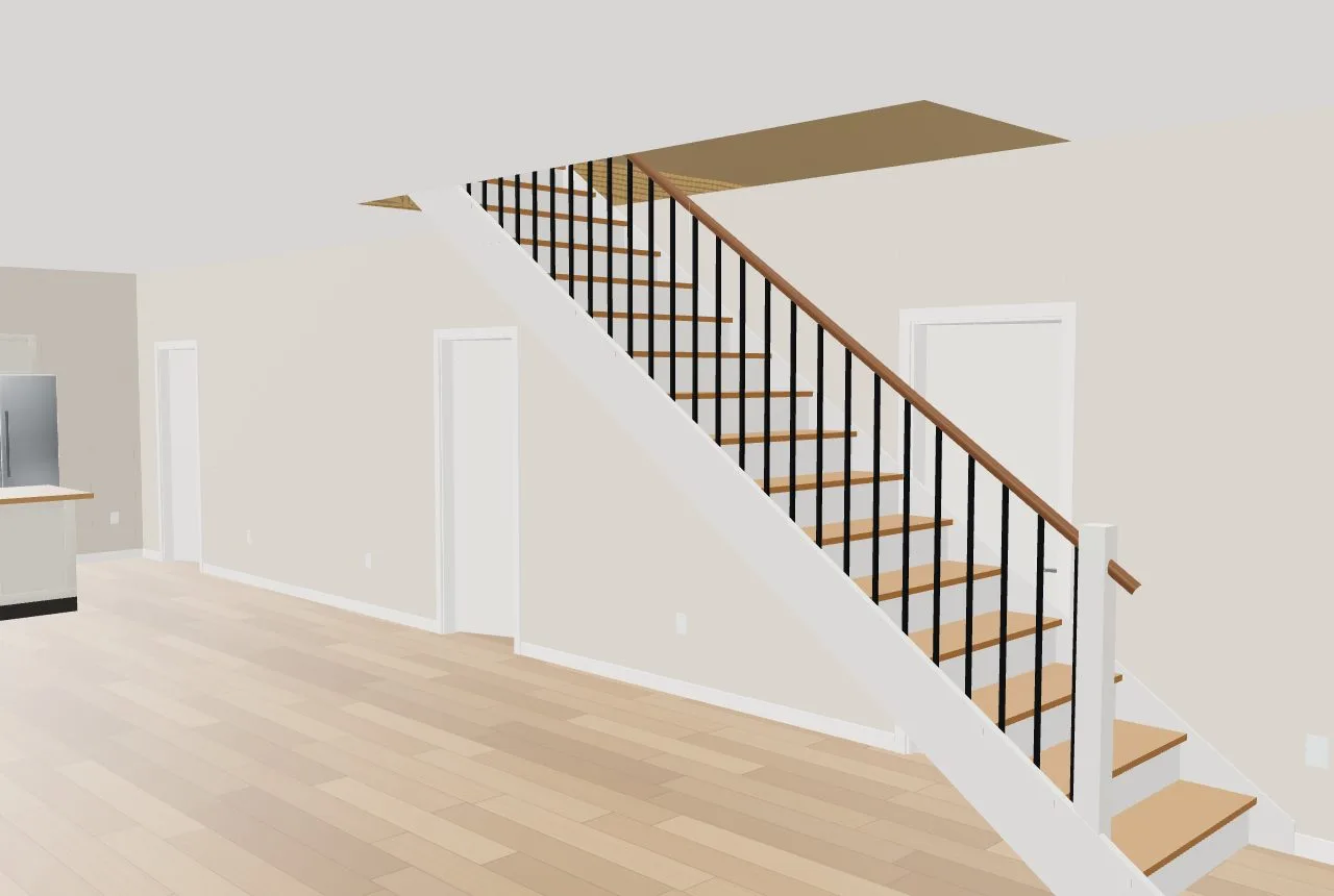 A straight stair to the second floor: hardwood treads, painted risers, skirt boards, a handrail and black balusters
