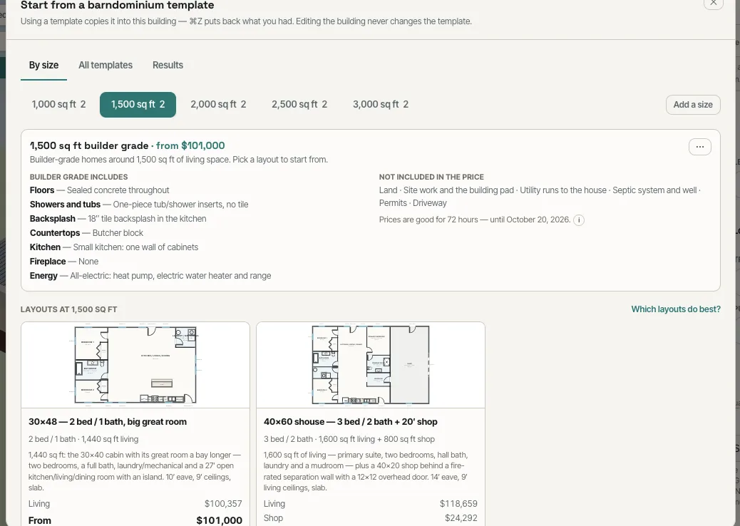 Templates by size: 1,500 sq ft builder grade from $101,000, what's included and not, and the layouts under that size