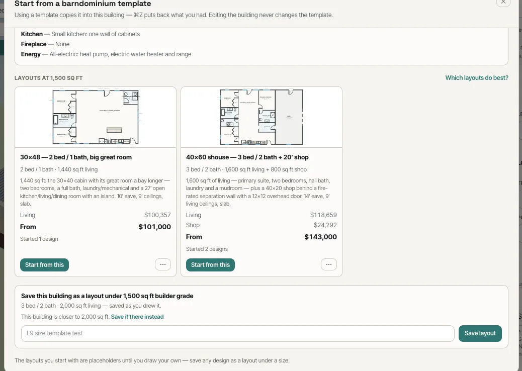Save this building as a layout under 1,500 sq ft builder grade
