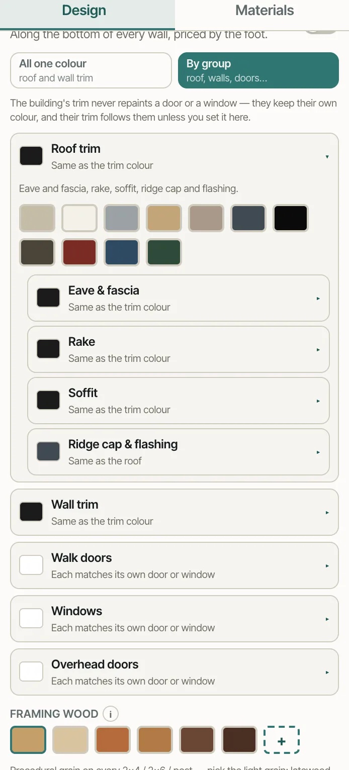 Trim by group: roof trim, wall trim, walk doors, windows and overhead doors each with their own colour